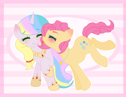 Size: 1399x1076 | Tagged: safe, artist:themisslittledevil, oc, oc only, oc:bubble sweet, oc:sunshine bow, earth pony, pony, unicorn, blushing, female, licking, mare, tongue out