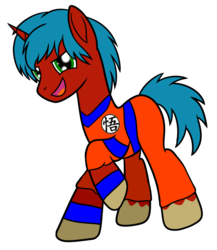Size: 786x904 | Tagged: safe, artist:cloudy95, pony, unicorn, clothes, dragon ball, dragon ball z, male, ponified, simple background, solo, son goku, stallion, transparent background