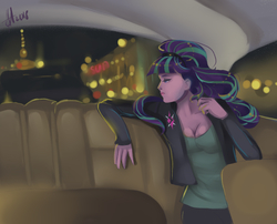 Size: 2100x1700 | Tagged: safe, artist:xjenn9, starlight glimmer, human, g4, breasts, car, cleavage, clothes, female, humanized, jacket, leather jacket, night, solo