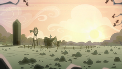 Size: 1920x1080 | Tagged: safe, edit, edited screencap, screencap, g4, season 8, the maud couple, background, house, leaf, morning, partly cloudy, rock, rock farm, shadow, sunrise, tree