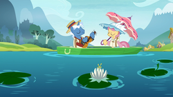 Size: 1920x1080 | Tagged: safe, screencap, pokey pierce, swan song, pony, unicorn, g4, the maud couple, boat, female, guitar, hat, lake, lilypad, male, mare, musical instrument, stallion, waterlily