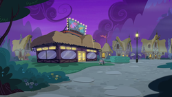 Size: 1920x1080 | Tagged: safe, screencap, g4, the maud couple, background, background house, cottage, diner, mostly cloudy, night, no pony, ponyville, restaurant, streetlight