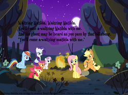 Size: 1024x758 | Tagged: safe, artist:didgereethebrony, apple bloom, applejack, fluttershy, rainbow dash, rarity, scootaloo, sweetie belle, comic:waltzing matilda, g4, banjo, banjo patterson, campfire, comic, guitar, moon, musical instrument, singing, song reference, tent, waltzing matilda