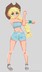 Size: 668x1150 | Tagged: safe, artist:hirosi41, applejack, human, g4, belly button, clothes, cowboy hat, female, freckles, hat, humanized, midriff, shoes, simple background, sneakers, solo, sports bra, sports shorts, stetson, stretching