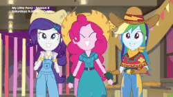 Size: 450x253 | Tagged: safe, screencap, pinkie pie, rainbow dash, rarity, sci-twi, sunset shimmer, twilight sparkle, equestria girls, five to nine, g4, my little pony equestria girls: better together, animated, cowboy hat, cowgirl, cowgirl outfit, cute, dashabetes, diapinkes, female, gif, hat, raribetes, rarihick, shimmerbetes, smiling, stetson, twiabetes