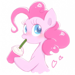 Size: 1447x1447 | Tagged: safe, artist:1drfl_world_end, pinkie pie, earth pony, pony, g4, bust, cute, diapinkes, drink, drinking, female, heart, hoof hold, looking at you, mare, simple background, solo, straw, white background