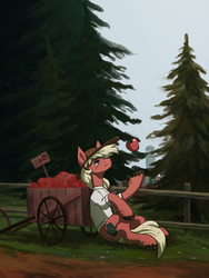 Size: 2392x3181 | Tagged: safe, artist:koviry, earth pony, pony, apple, apple cart, cart, fence, food, high res, smiling, solo, tree