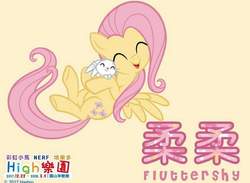 Size: 910x666 | Tagged: safe, part of a set, angel bunny, fluttershy, g4, chinese, cute, hasbro's dream park (taiwan), hug, name translation, shyabetes, taiwan