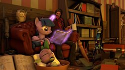 Size: 1191x670 | Tagged: safe, owlowiscious, spike, twilight sparkle, alicorn, dragon, human, owl, pony, g4, 3d, book, bookshelf, couch, crossover, female, glowing horn, gun, hooves, horn, levitation, lying down, magic, mare, mundle mundy, open mouth, optical sight, rifle, sleeping, sniper, sniper rifle, source filmmaker, team fortress 2, telekinesis, telescope, twilight sparkle (alicorn), weapon, wings