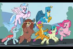 Size: 900x610 | Tagged: safe, artist:animatorwil, gallus, ocellus, pinkie pie, sandbar, silverstream, smolder, yona, changedling, changeling, classical hippogriff, dragon, griffon, hippogriff, yak, g4, school daze, cloven hooves, dragoness, female, flying, male, mare, student six, teenager