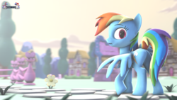 Size: 1024x576 | Tagged: safe, artist:spinostud, rainbow dash, pegasus, pony, g4, 3d, butt, female, looking back, plot, solo, source filmmaker, town