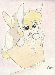 Size: 692x948 | Tagged: safe, artist:slightlyshade, derpy hooves, pegasus, pony, g4, chocolate, cute, derpabetes, female, food, ice cream, looking at you, mare, open mouth, ponies in food, solo, traditional art, watercolor painting