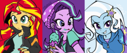 Size: 1280x531 | Tagged: safe, artist:y-a-m-a-y-o, starlight glimmer, sunset shimmer, trixie, equestria girls, equestria girls specials, g4, mirror magic, counterparts, cute, diatrixes, female, food, glimmerbetes, grin, ice cream, ice cream cone, shimmerbetes, smiling, that human sure does love ice cream, that pony sure does love ice cream, tongue out, twilight's counterparts