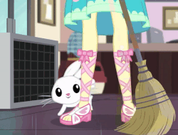 Size: 800x609 | Tagged: safe, screencap, angel bunny, fluttershy, equestria girls, g4, my little pony equestria girls: better together, so much more to me, angelbetes, animated, broom, cropped, cute, feet, female, gif, legs, loop, sandals, solo, toes