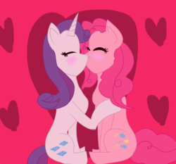 Size: 1024x956 | Tagged: safe, artist:catstails, pinkie pie, rarity, earth pony, pony, unicorn, g4, blushing, eyes closed, female, heart, kissing, lesbian, mare, ship:raripie, shipping, sitting