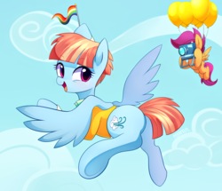 Size: 2014x1736 | Tagged: safe, artist:maren, scootaloo, windy whistles, pegasus, pony, g4, balloon, butt, camera, clothes, cloud, cute, duo, female, filly, flag, floating, freckles, looking back, mare, mother, plot, rainbow flag, scootaloo can fly, shirt, smiling, spread wings, underhoof, windybetes, wings