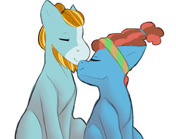 Size: 1024x807 | Tagged: safe, artist:helianas, meadowbrook, rockhoof, earth pony, pony, g4, eyes closed, female, male, mare, nuzzling, ship:rockbrook, shipping, smiling, stallion, straight