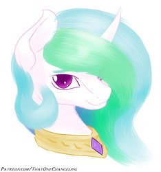 Size: 900x961 | Tagged: safe, artist:thatonegib, princess celestia, alicorn, pony, g4, bust, doodle, ethereal mane, female, looking at you, missing accessory, patreon link, portrait, simple background, solo, white background