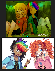 Size: 1106x1411 | Tagged: safe, artist:escafandrista, pinkie pie, rainbow dash, human, g4, clothes, draw this again, eyes closed, female, hair over one eye, humanized, lesbian, ship:pinkiedash, shipping, smiling, tongue out