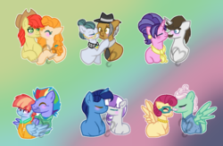 Size: 1024x668 | Tagged: safe, artist:adelemlp, bow hothoof, bright mac, cloudy quartz, cookie crumbles, gentle breeze, hondo flanks, igneous rock pie, night light, pear butter, posey shy, twilight velvet, windy whistles, g4, dad six, female, husband and wife, kissing, male, married couple, mom six, ship:brightbutter, ship:cookieflanks, ship:nightvelvet, ship:quartzrock, ship:shys, ship:windyhoof, shipping, straight