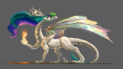 Size: 1440x810 | Tagged: safe, artist:plainoasis, princess celestia, dragon, g4, dragonified, dragonlestia, female, fire, gray background, simple background, size difference, solo, species swap