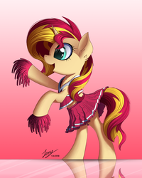 Size: 2000x2500 | Tagged: safe, alternate version, artist:duskie-06, sunset shimmer, pony, unicorn, g4, bipedal, cheerleader, cheerleader outfit, clothes, cute, female, gradient background, high res, hoof hold, mare, midriff, open mouth, pom pom, rearing, reflection, shimmerbetes, signature, skirt, skirt lift, solo, sports bra