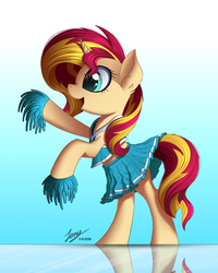 Size: 2000x2500 | Tagged: safe, alternate version, artist:duskie-06, sunset shimmer, pony, unicorn, g4, bipedal, cheerleader, clothes, cute, female, gradient background, high res, mare, midriff, pom pom, reflection, shimmerbetes, skirt, skirt lift, solo