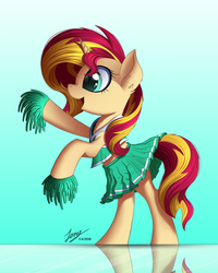 Size: 2000x2500 | Tagged: safe, artist:duskie-06, sunset shimmer, pony, unicorn, g4, bipedal, cheerleader, cheerleader outfit, clothes, cute, female, high res, mare, midriff, open mouth, pom pom, reflection, shimmerbetes, skirt, skirt lift, smiling, solo