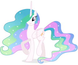 Size: 10423x8665 | Tagged: safe, artist:illumnious, edit, editor:slayerbvc, vector edit, princess celestia, alicorn, pony, g4, absurd resolution, accessory-less edit, bare hooves, female, grin, mare, missing accessory, raised hoof, simple background, smiling, solo, transparent background, vector