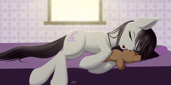 Size: 2400x1200 | Tagged: safe, artist:styroponyworks, octavia melody, earth pony, pony, g4, bed, belly button, drool, female, mare, sleeping, solo, teddy bear
