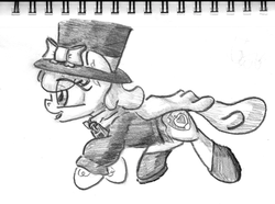 Size: 1254x934 | Tagged: safe, artist:shoeunit, apple bloom, earth pony, pony, g4, a hat in time, clothes, cute, female, filly, grayscale, hat, monochrome, shoes, smiling, solo, suit, top hat, traditional art