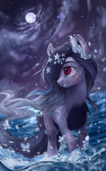 Size: 1000x1600 | Tagged: safe, artist:makkah, oc, oc only, earth pony, pony, belly fluff, blank flank, chest fluff, cloud, coat markings, dappled, female, flower, flower in hair, mare, moon, night, ocean, smiling, solo, stars, water