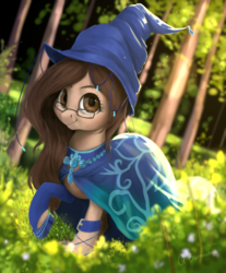 Size: 1200x1450 | Tagged: dead source, safe, artist:makkah, oc, oc only, oc:wizdiana, earth pony, pony, cape, clothes, female, forest, glasses, hat, jewelry, looking at you, mare, necklace, scenery, solo, stockings, thigh highs, walking, wizard hat, wristband