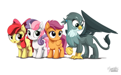 Size: 2560x1600 | Tagged: safe, artist:mysticalpha, apple bloom, gabby, scootaloo, sweetie belle, earth pony, griffon, pegasus, pony, unicorn, g4, the fault in our cutie marks, cute, cutie mark, cutie mark crusaders, female, filly, signature, simple background, the cmc's cutie marks, white background