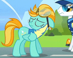 Size: 300x240 | Tagged: safe, screencap, lightning dust, pegasus, pony, g4, wonderbolts academy, animated, clothes, discussion in the comments, female, gif, goggles, heartbreak, sad, tearjerker, uniform, waving, wonderbolt trainee uniform
