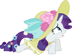 Size: 5306x4100 | Tagged: safe, artist:scrimpeh, rarity, pony, unicorn, g4, sweet and elite, absurd resolution, clothes, dress, female, flower, flower in tail, full body, hat, mare, prone, simple background, solo, transparent background, vector