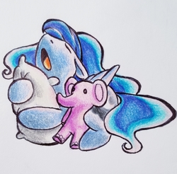 Size: 3024x2976 | Tagged: safe, artist:smirk, princess luna, elephant, pony, g4, colored pencil drawing, cute, female, filly, high res, hug, lunabetes, pen, pillow, plushie, sleepy, solo, traditional art, woona, yawn, younger