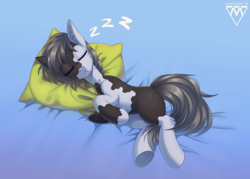 Size: 1200x857 | Tagged: safe, artist:margony, oc, oc only, pony, coat markings, pillow, pinto, sleeping, underhoof, zzz