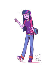 Size: 1024x1448 | Tagged: safe, artist:jurill, twilight sparkle, equestria girls, g4, alternate clothes, beautiful, book, clothes, female, pants, purple, shirt, shoes, simple background, smiling, sneakers, solo, white background