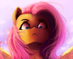 Size: 2500x2000 | Tagged: safe, artist:miokomata, fluttershy, bat pony, pegasus, pony, g4, angry, cloud, fangs, female, freckles, frown, high res, intimidating, looking at you, mare, solo, stare, this will end in pain