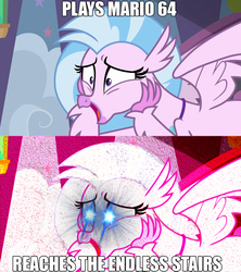 Size: 1280x1440 | Tagged: safe, edit, edited screencap, screencap, silverstream, classical hippogriff, hippogriff, g4, my little pony: friendship is magic, school daze, eye glow, eyestrain warning, image macro, meme, needs more saturation, reference, super mario, super mario 64, that hippogriff sure does love stairs