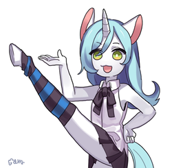 Size: 2000x1956 | Tagged: safe, artist:rd_3024, oc, oc only, unicorn, anthro, unguligrade anthro, :3, clothes, cute, female, flexible, looking at you, mare, moe, pleated skirt, shirt, simple background, skirt, skirt lift, socks, striped socks, thigh highs, white background