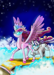 Size: 600x822 | Tagged: safe, artist:capt_hairball, princess cadance, twilight velvet, g4, avalanche, colored hooves, cover art, eye glow, magic, snow, spread wings, stars, train, unshorn fetlocks, wings