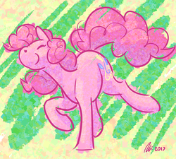 Size: 1397x1258 | Tagged: safe, artist:rwl, pinkie pie, earth pony, pony, g4, abstract background, dancing, female, smiling, solo