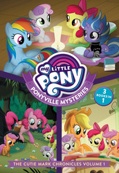 Size: 515x750 | Tagged: safe, apple bloom, applejack, lilymoon, pinkie pie, rainbow dash, scootaloo, sweetie belle, g4, my little pony: ponyville mysteries, book, cutie mark crusaders, my little pony logo