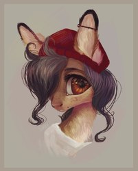 Size: 835x1037 | Tagged: safe, artist:sarkarozka, oc, oc only, pony, beanie, bust, chest fluff, ear piercing, earring, femboy, freckles, hat, jewelry, looking at you, male, piercing, portrait, simple background, solo