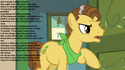 Size: 1280x720 | Tagged: safe, edit, edited screencap, screencap, grand pear, earth pony, pony, g4, season 7, the perfect pear, angry, bandana, door, hallway, implied pear butter, male, open mouth, raised hoof, romeo and juliet, solo, stallion, text, william shakespeare, young grand pear, younger