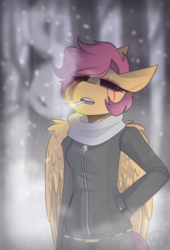 Size: 1634x2400 | Tagged: safe, artist:daw3ird0, scootaloo, oc, oc only, oc:ponytale scootaloo, anthro, comic:ponytale, g4, cigarette, clothes, eyes closed, female, hand in pocket, jacket, smoke, smoking, snow, solo, underfell, underfell scootaloo