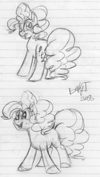 Size: 1335x2374 | Tagged: safe, artist:binkyt11, pinkie pie, earth pony, pony, g4, butt, female, freckles, lined paper, looking at you, monochrome, plot, ponk, solo, starry eyes, traditional art, wingding eyes