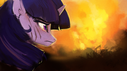 Size: 1920x1080 | Tagged: dead source, safe, artist:hierozaki, twilight sparkle, pony, g4, female, fire, mare, scar, solo